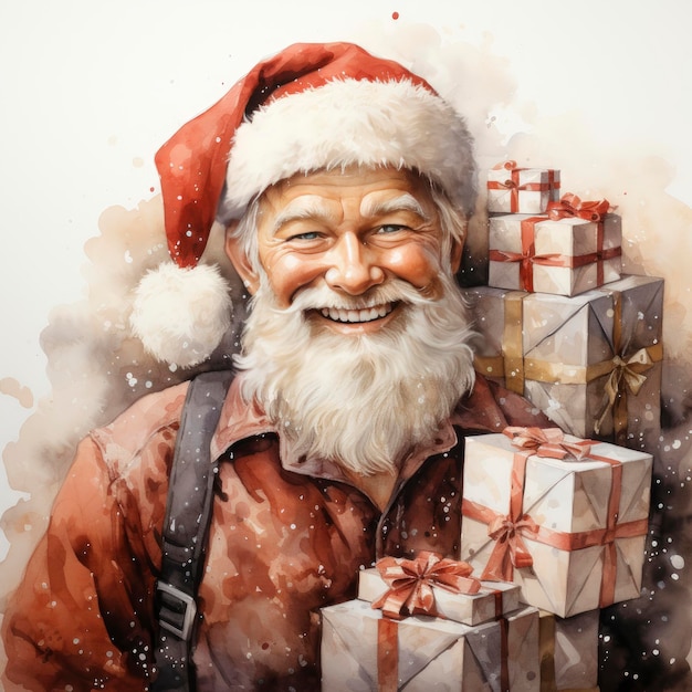 Papai Noel fofo em aquarelas com fundo branco carregando presentes de Natal