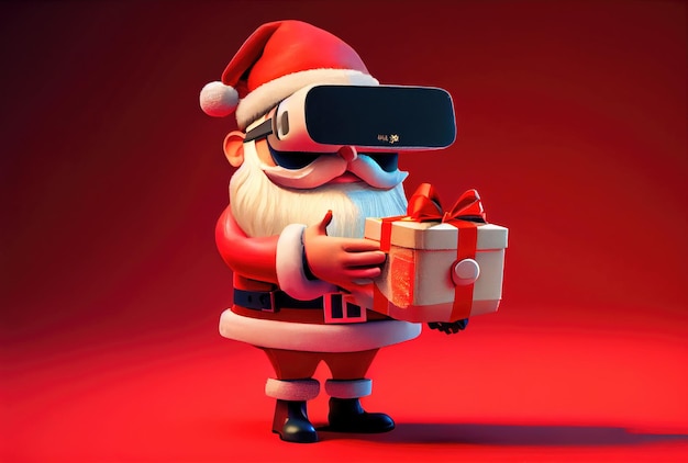 Papai Noel inteligente usando os óculos de realidade virtual para distribuir os presentes para crianças com outro veículo de lugar em fundo vermelho Conceito de feliz Natal Ilustração de arte digital Generative ai