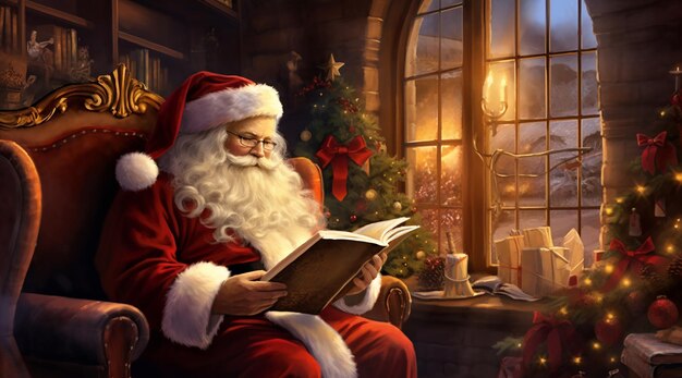 Papai Noel lê livros sobre como viver o Natal