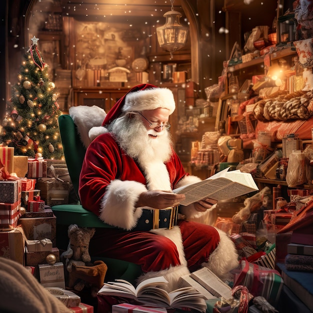 Papai Noel lendo cartas de crianças