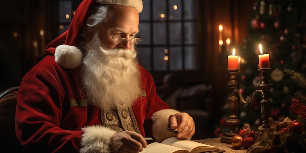 Papai Noel lendo um livro em casa no Natal