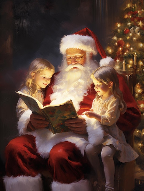 Foto papai noel lendo um livro para duas meninas sentadas na frente de uma árvore de natal