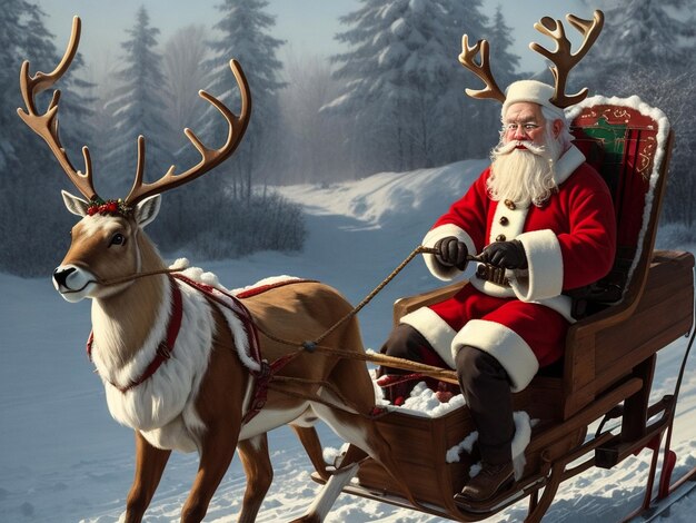 Papai Noel montado em trenó com renas no dia de Natal Aquarela de Natal pintada à mão