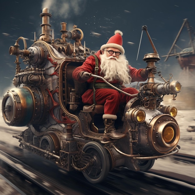 Foto papai noel montando em um trem a vapor com um monte de generador de vapor ai