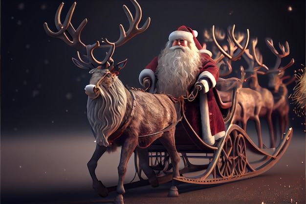 Papai Noel montando um cervo em um desenho animado de trenó 3D Feliz Natal