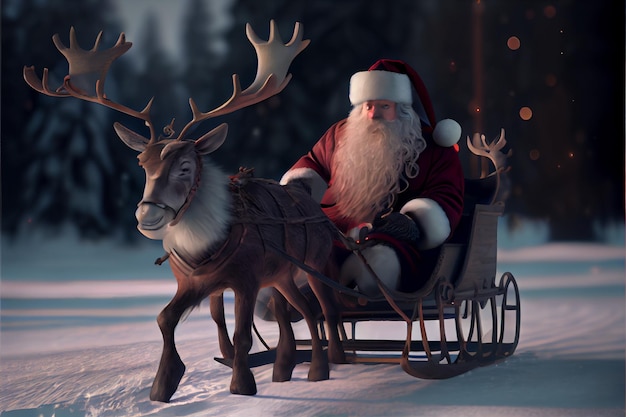 Papai Noel montando um cervo em um desenho animado de trenó 3D Feliz Natal