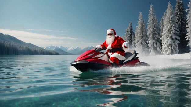 Papai Noel montando um jetski com fundo de montanha coberto de neve