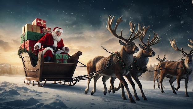 Papai Noel montando um trenó com renas na neve