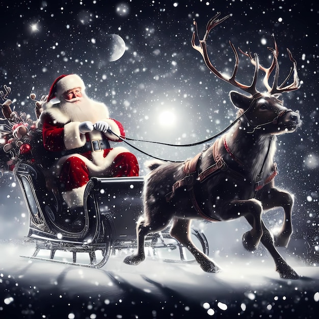 Papai Noel montando um trenó com renas no céu noturno nevado