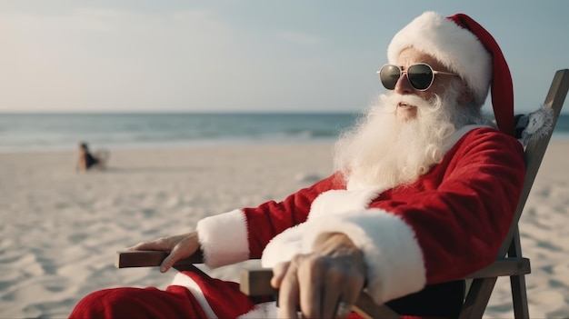 Papai Noel na praia com óculos de sol