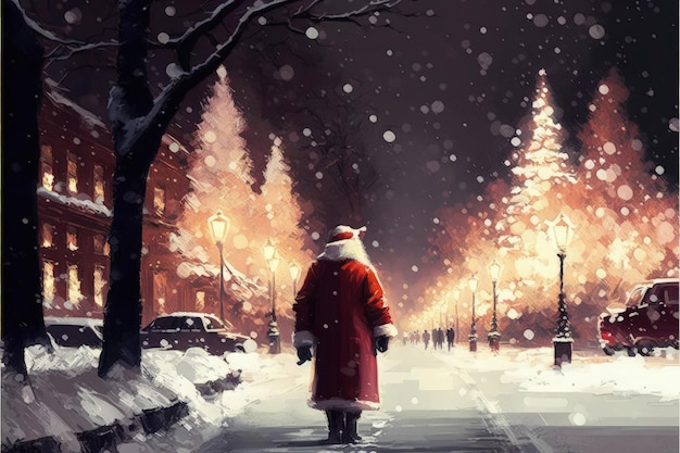 Papai Noel no caminho de inverno nevado no parque com luzes natalinas nas árvores Conceito de fantasia Ilustração pintura Generative AI