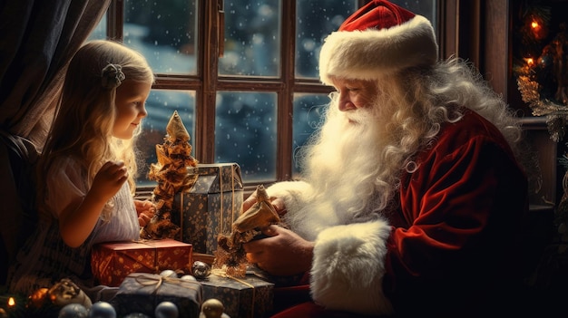 Papai Noel no escritório com uma menina.