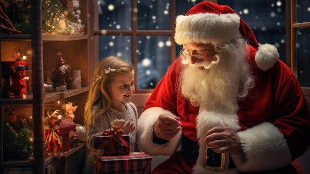 Papai Noel no escritório com uma menina.