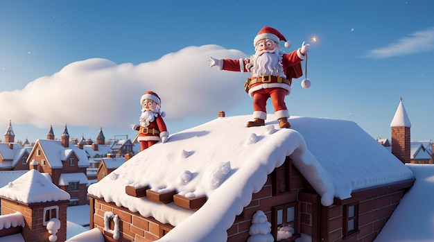 Papai Noel no telhado nevado desejando “Feliz Natal”
