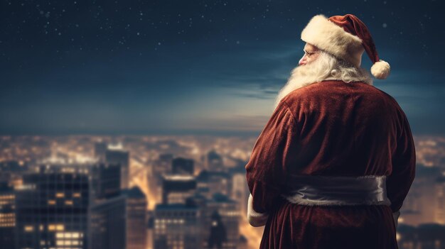 Foto papai noel olha para a cidade à espera de entregar os presentes