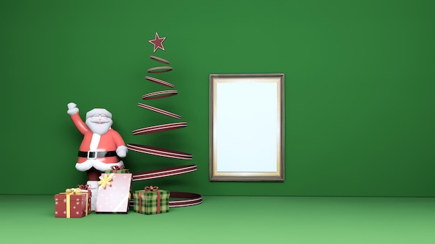 Papai noel, presente e árvore de natal com maquete de fotos com fundo verde para feliz natal