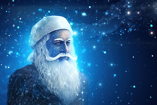 Papai Noel realista com pontos neurais azuis ligam linhas e pontos brilhantes Generative Ai