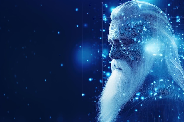 Papai Noel realista com pontos neurais azuis ligam linhas e pontos brilhantes Generative Ai