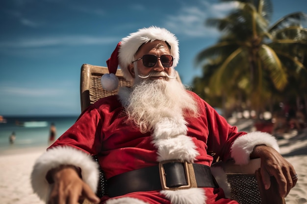 Papai Noel relaxando e aproveitando o sol em uma pitoresca praia tropical