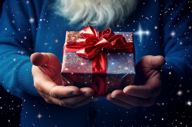 Papai Noel segura uma caixa de presentes em suas mãos