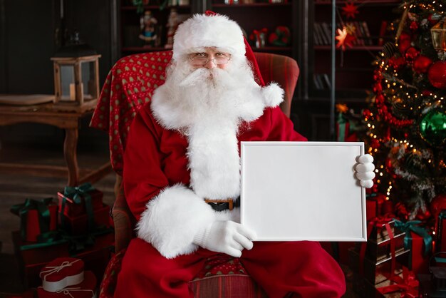 Papai Noel segurando moldura branca em suas mãos