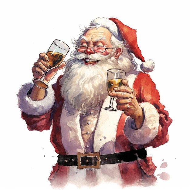 Papai Noel segurando um copo de cerveja e uma garrafa de vinho gera IA