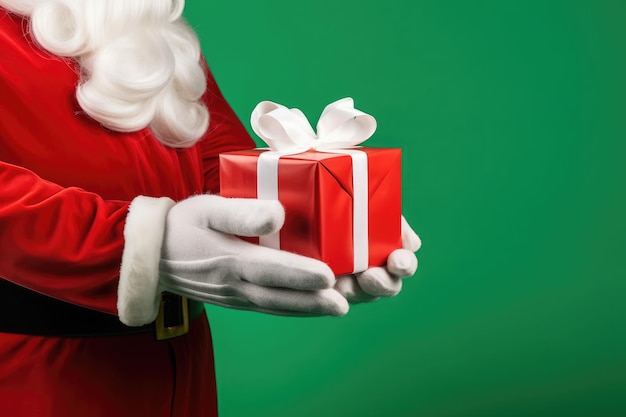 Papai Noel segurando um presente na mão sobre fundo verde Copie o espaço