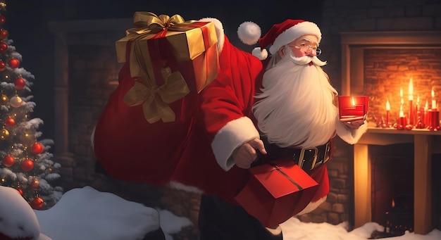 Papai Noel segurando uma grande caixa de presente na lareira com luzes de velas geradas por IA