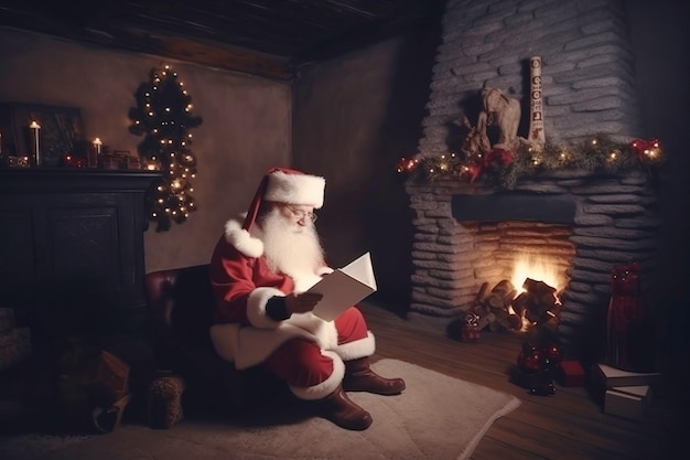 Papai Noel sentado em seu quarto em casa perto da lareira e da árvore de Natal e lendo uma carta de Natal ou lista de desejos gerada por IA