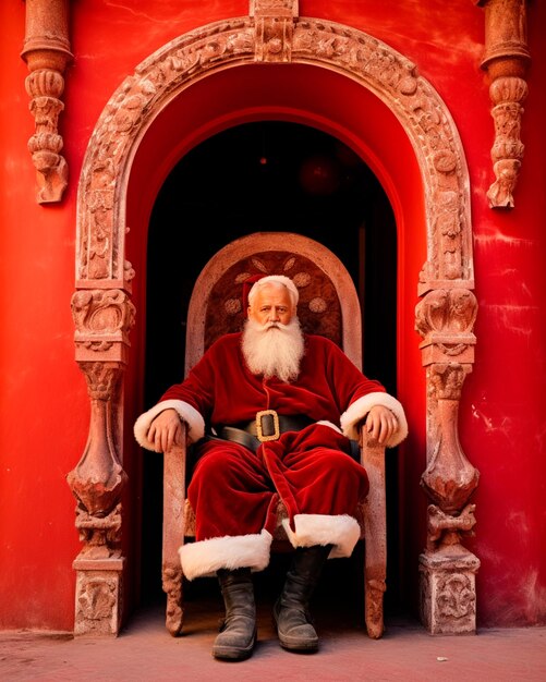 Papai Noel sentado em sua poltrona com decorações de Natal em torno dele