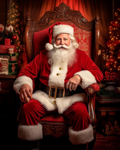Foto papai noel sentado em sua poltrona com decorações de natal em torno dele