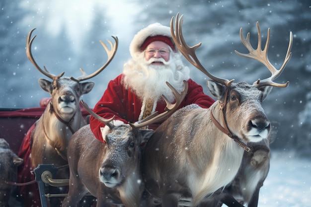 Papai Noel sentado em trenó com renas