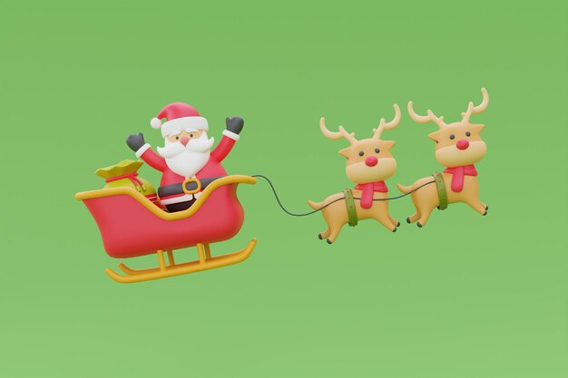 Papai Noel sentado em um passeio de trenó de renas voando Feliz Natal e Feliz Ano Novo renderização 3d