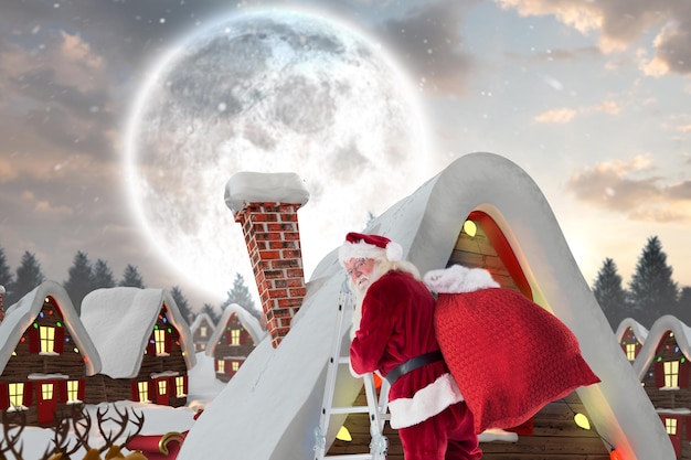 Papai Noel sobe uma escada contra uma linda vila natalina sob a lua cheia