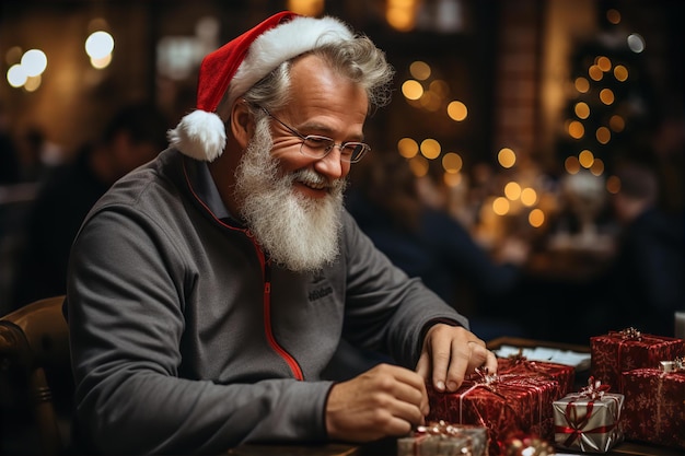 Papai Noel sorrindo e embalando presentes para crianças para festa em casa