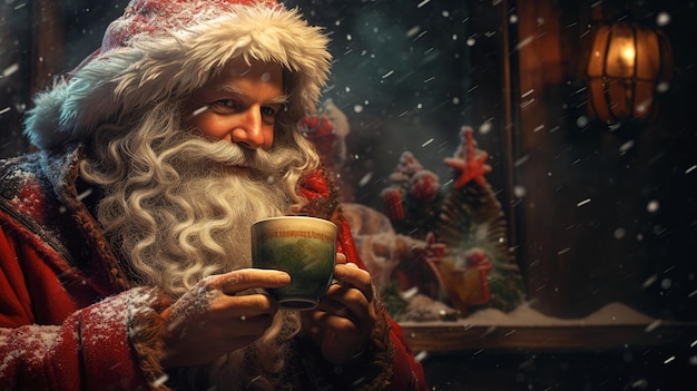 Papai Noel tomando café em casa Férias de inverno Feliz ano novo e conceito de feliz Natal