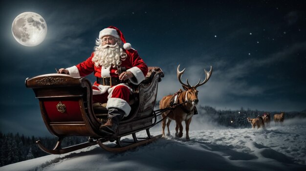 Foto papai noel voa na véspera de natal no céu noturno com neve