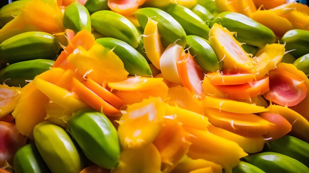 Foto papaias em fatias num mercado tailandês à beira-mar, frescas e coloridas