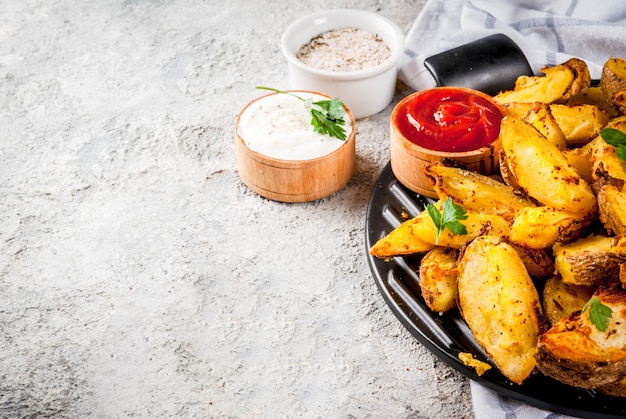 Papas fritas al horno con salsas