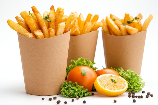Papas fritas crujientes doradas apiladas en vasos de cartón sobre fondo blanco