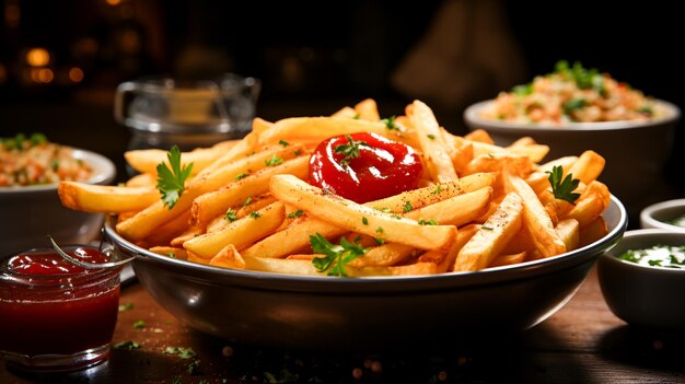 Papas fritas crujientes con ketchup y salsa en un tazón