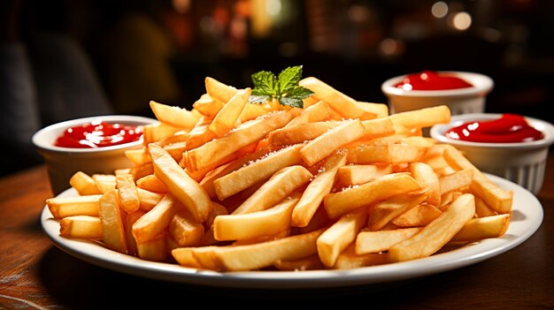 Papas fritas crujientes con ketchup y salsa en un tazón