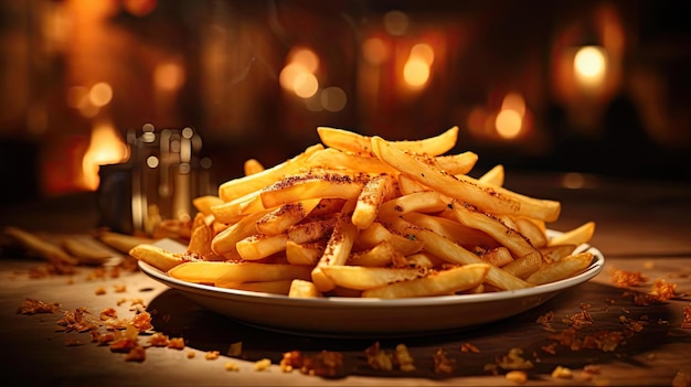 Papas fritas crujientes saladas sabrosas con luz cinematográfica y fondo borroso