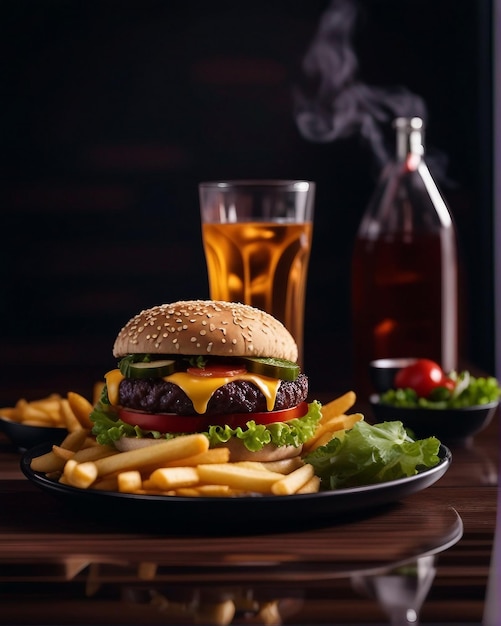 unas papas fritas y un delicioso combo de hamburguesas vegetales en un plato en una gran parte de madera gruesa con fondo ahumado