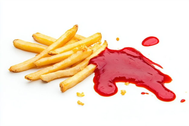 Las papas fritas están sobre un fondo blanco y se vierte ketchup encima de ellas y se salpican