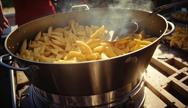 Las papas fritas se fríen en una olla grande de cerca con tecnología de IA generativa