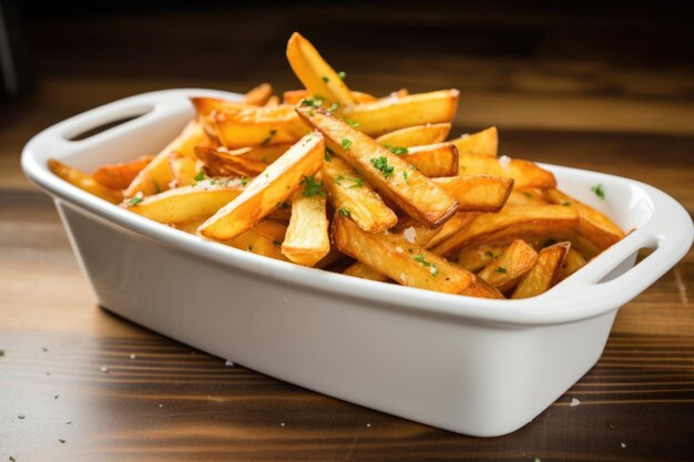 Papas fritas gruesas en un plato de cerámica blanca