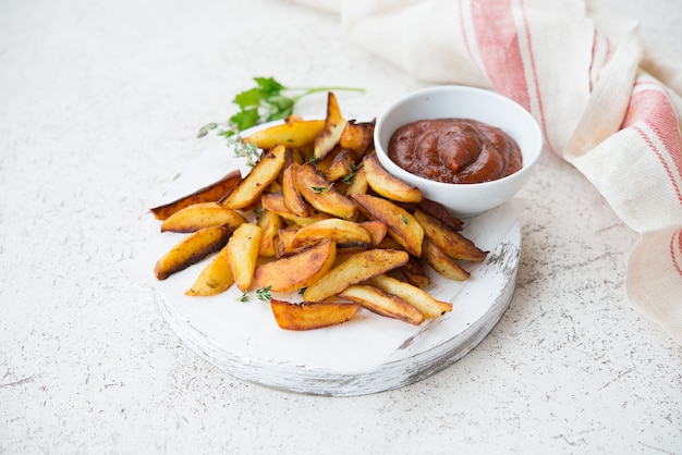 Papas fritas hechas en casa en rodajas con hierbas y salsa de tomate, papas rústicas, enfoque selectivo.