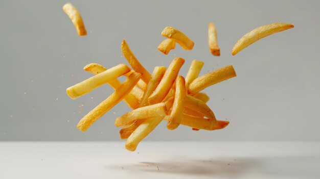 Foto las papas fritas levitan sobre un fondo blanco