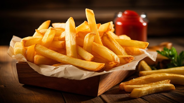 Papas fritas en mesa de madera